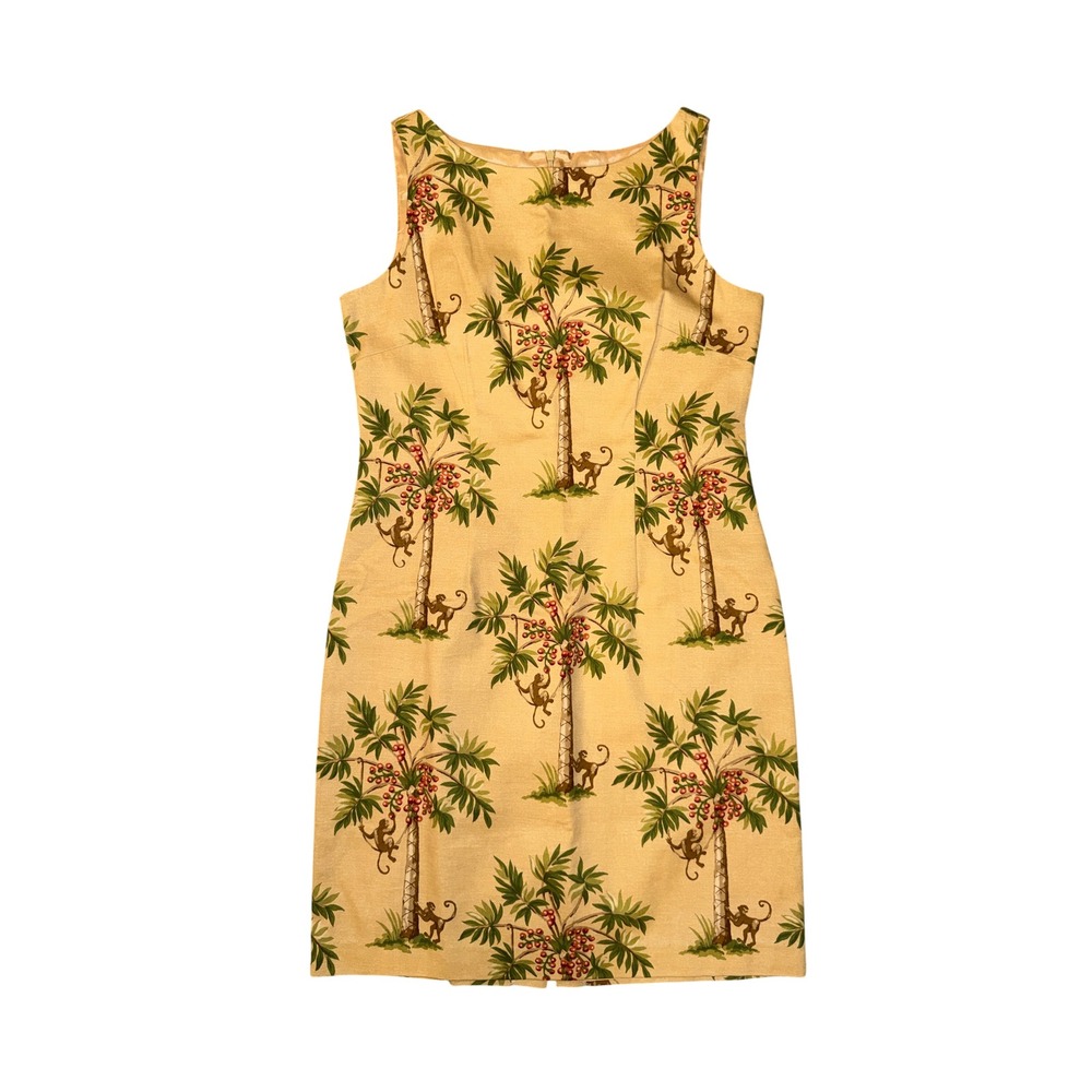 Jessica Howard Shift Dress Womens 12 Tan Tropical Monkey Palm Tree 90s Vtg